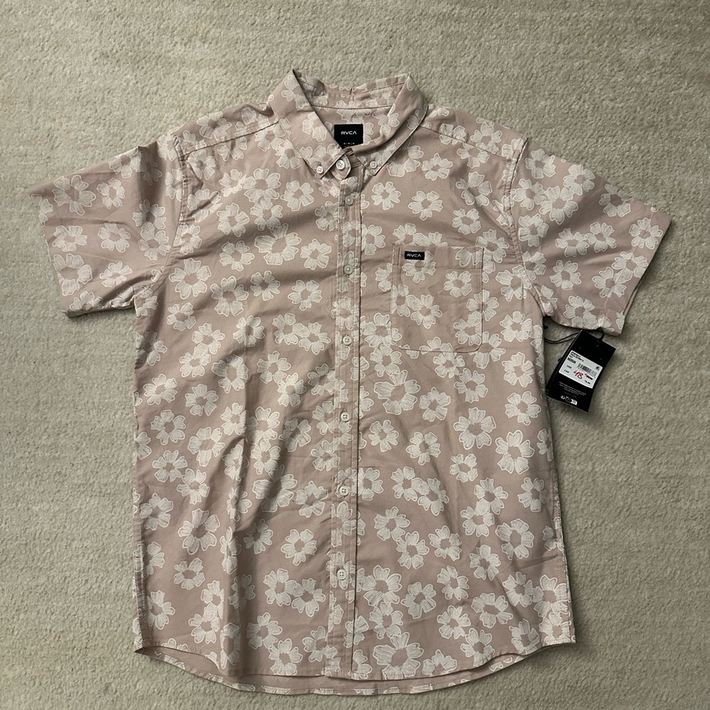 RVCA Men's Casual Floral Button Down Shirt - Light Pink